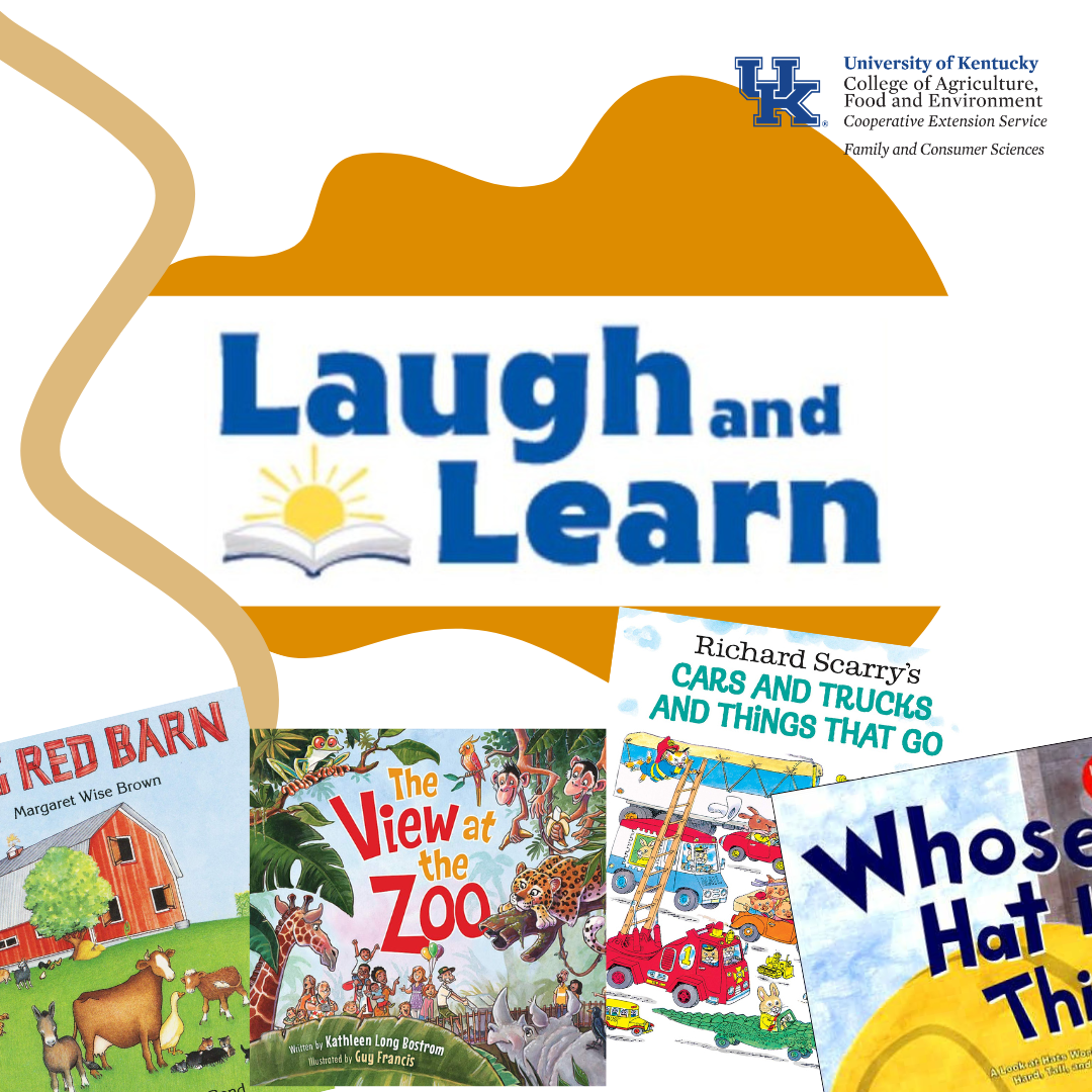 Event Photo for Laugh and Learn, Showing the Laugh and Learn logo, books used in the program, and some fun orange colored elements